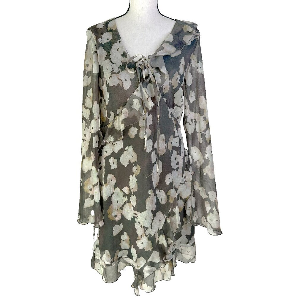 Topshop tie front long sleeve mini tea dress in abstract print